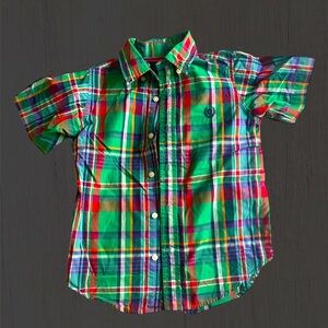 Chaps Boys Red Green And Blue Plaid Button Up Short Sleeve Shirt Logo Size 5 EUC